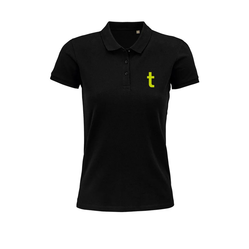 A black women's polo shirt with a yellow 't' on the left chest. The collar is white.