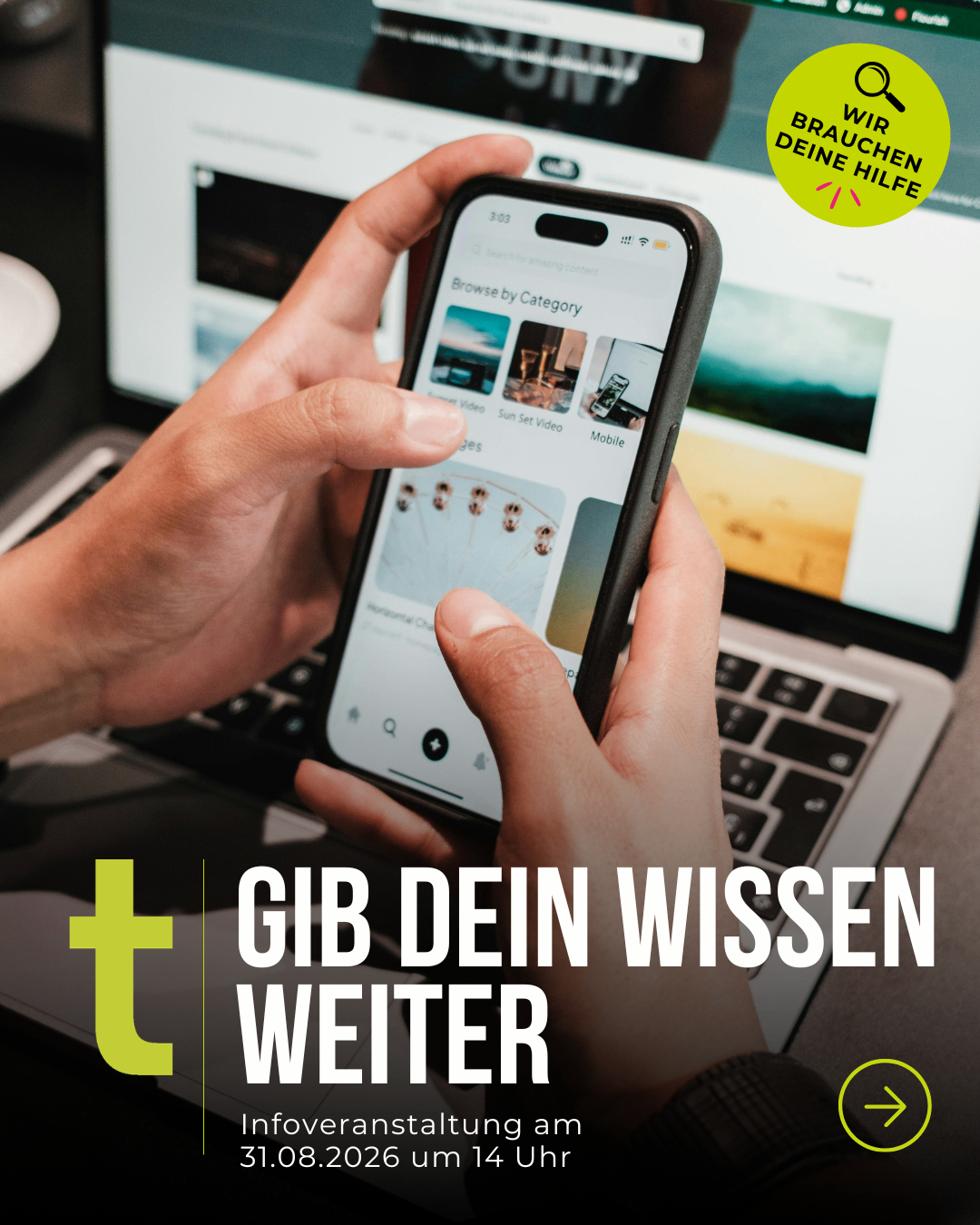A person is holding a smartphone displaying a video app interface with categories like 'Sun Set Video' and 'Mobile'. The background shows a laptop with a screen displaying a website with the text 'GIB DEIN WISSEN WEITER'.