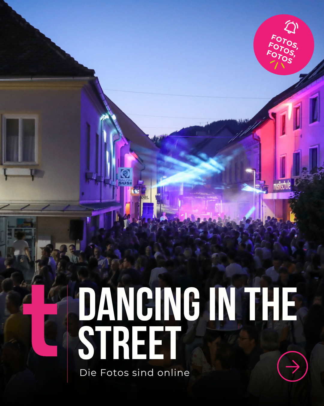 A vibrant street scene at night with a large crowd dancing, illuminated by colorful lights and surrounded by buildings. The text 'DANCING IN THE STREET' is prominently displayed.