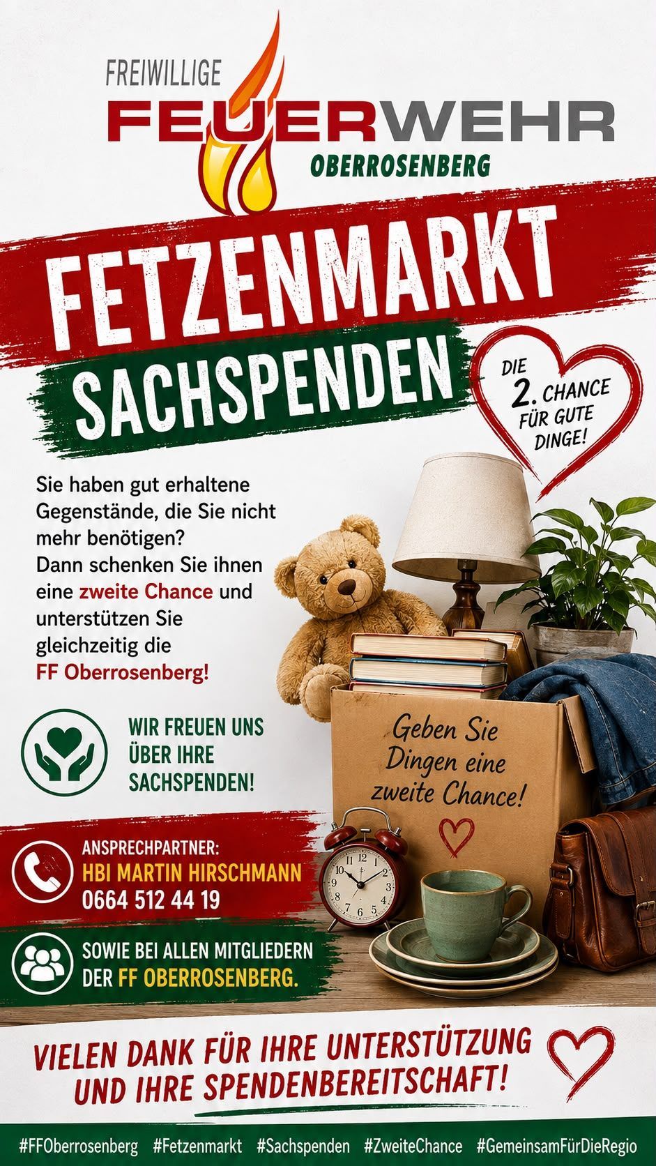 Poster for a charity event featuring a teddy bear, books, a lamp, and a plant. It encourages donating items for a second chance. Contact Martin Hirschmann at 0664 512 44 19.