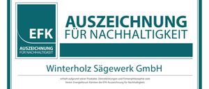 Auszeichnung für Nachhaltigkeit durch Energieforum Kärnten für Winterholz Sägewerk GmbH aufgrund ihrer Produkte, Dienstleistungen und Firmenphilosophie. Datum: 04.11.2024, Klagenfurt. Unterschriften vom Energieforum Kärnten und dem Auditor. Webseite: www.energieforumkaernten.at.
