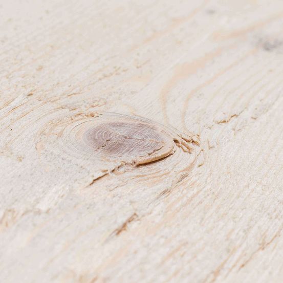 Eine Nahaufnahme einer hellen Holzoberfläche mit einem kreisförmigen Knoten. Das Maserungsmuster ist sichtbar, und das Holz erscheint glatt und gut poliert.