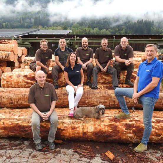 Eine Gruppe von Menschen, einschließlich Männern und Frauen, posiert für ein Foto auf einem Stapel von Baumstämmen. Sie alle lächeln und scheinen Spaß zu haben.