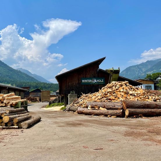 Ein Freigelände mit einem Haufen Holz vor einem Gebäude mit dem Schild 'WINTER HOLZ', Berge im Hintergrund.