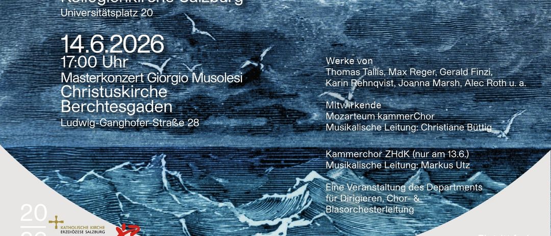 Plakat für 'Nacht und Traum' mit einem Schiff im Meer, mit Terminen und Orten von Konzerten von Giorgio Musolesi. Das Plakat ist blau mit weißem Text und enthält die Daten 4.6, 13.6 und 14.6 2026.