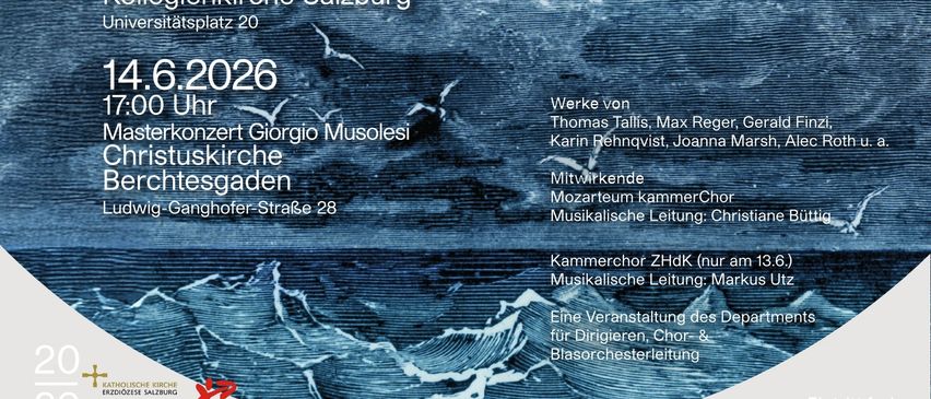 Poster for 'Nacht und Traum' featuring a ship in the sea, with dates and locations of concerts by Giorgio Musolesi. The poster is blue with white text and includes dates 4.6, 13.6, and 14.6 2026.