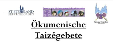 Ein Plakat für ökumenische Taizé-Gebete in deutscher Sprache. Daten und Orte sind aufgeführt. Das Plakat zeigt einen Musiknoten und eine Taube.