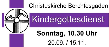 Plakat für einen Kindergottesdienst am Sonntag um 10:30 Uhr. Es zeigt ein Gruppenfoto von Kindern und Erwachsenen in einer Kirchenumgebung.