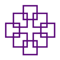 Ein komplexes geometrisches Muster in Lila und Weiß auf schwarzem Hintergrund. Das Design besteht aus miteinander verbundenen Formen, die ein symmetrisches Layout bilden.