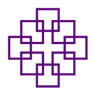 A complex geometric pattern in purple and white on a black background. The design features interconnected shapes forming a symmetrical layout.