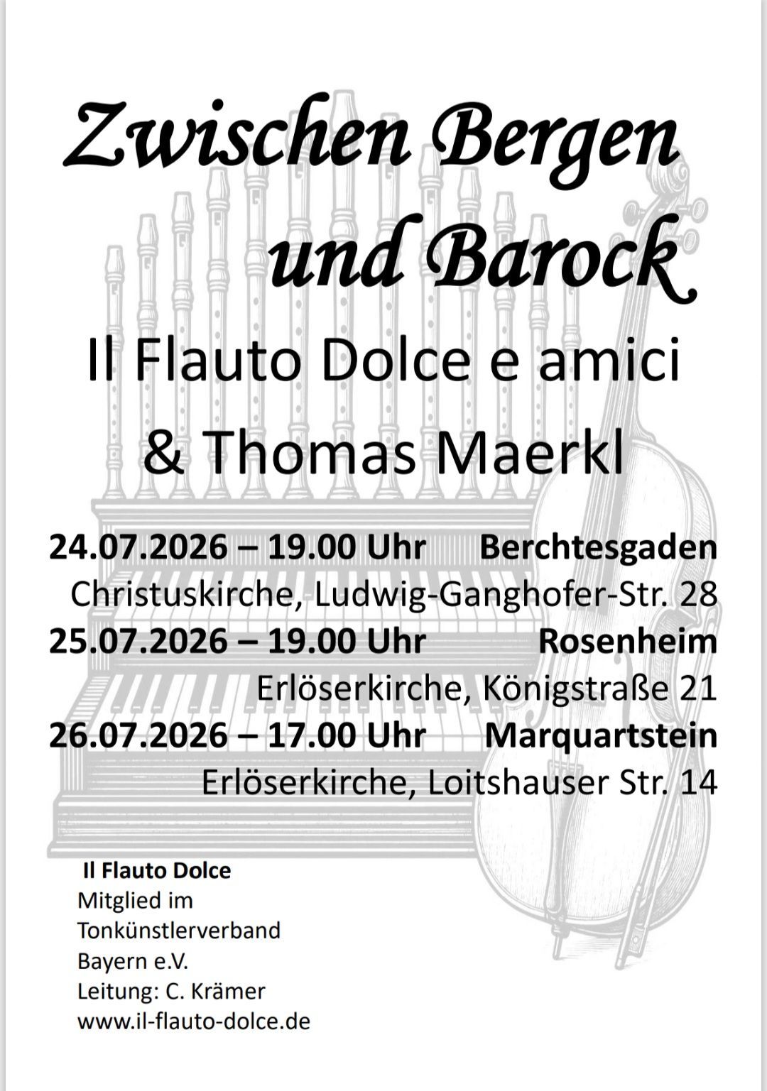 Plakat für ein Musikereignis mit Il Flauto Dolce e amici und Thomas Maerkl. Aufführungsdaten und -orte in Berchtesgaden, Rosenheim und Marquartstein sind aufgeführt.