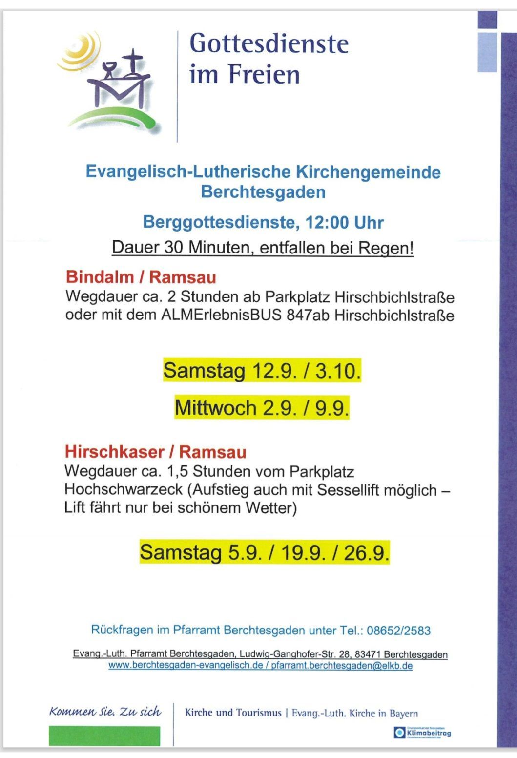 Ein Plakat, das die Evangelisch-Lutherische Kirchengemeinde Berchtesgaden bewirbt. Es listet die Zeiten und Orte der Gottesdienste auf, einschließlich Details zu Transport und Zugänglichkeit. Das Plakat ist klar und informativ.