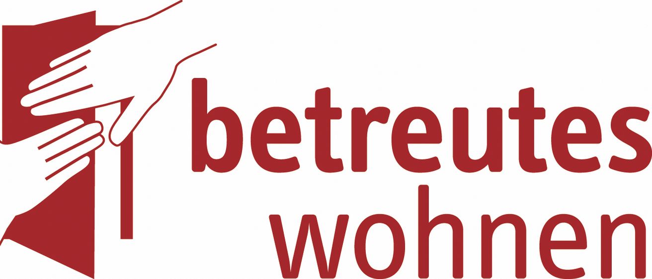 Eine Hand zeigt auf ein rotes Logo, das 'betreu woh' auf weißem Hintergrund sagt.