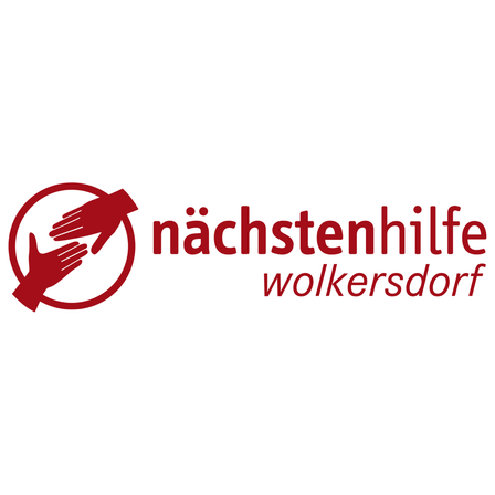 Ein Logo für 'nachstenhilfe wokersdorf' mit einem roten kreisförmigen Emblem, in dessen Mitte sich zwei Hände befinden, die sich schütteln, auf weißem Hintergrund.