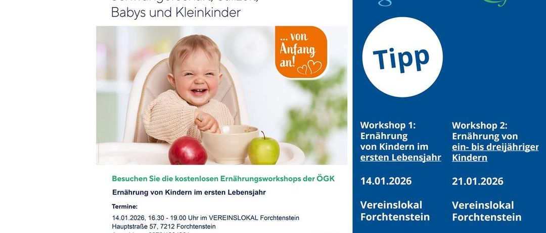 Plakat für einen kostenlosen Workshop über gesunde Ernährung für Kinder im ersten Lebensjahr. Enthält Datum, Uhrzeit, Ort und Kontaktinformationen.