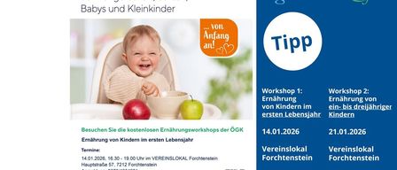 Plakat für einen kostenlosen Workshop über gesunde Ernährung für Kinder im ersten Lebensjahr. Enthält Datum, Uhrzeit, Ort und Kontaktinformationen.