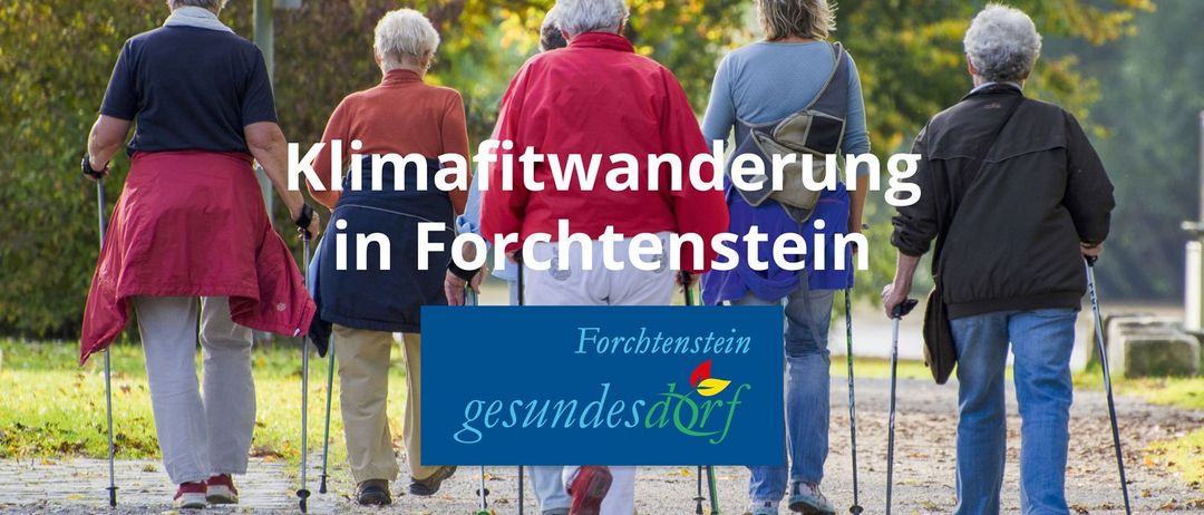 Eine Gruppe älterer Menschen, die einen Kiesweg entlanggehen und Wanderstöcke halten, mit einem Banner, das 'Klimafitwanderung in Forchtenstein' besagt.