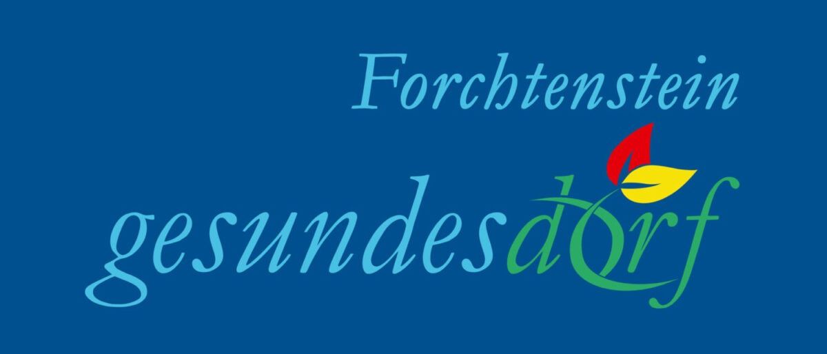 Der blaue Hintergrund zeigt den Text 'Forchtenste egesundes dor'. Der Text ist in einer Kombination aus blauen, roten und grünen Schriftarten. Das Bild enthält ein blattartiges Design.