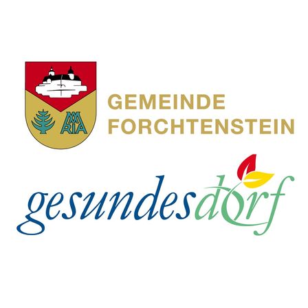 Das Logo für Gemeinde Forchtenstein zeigt ein Schlossemblem und die Worte 'gesundes Dorf', was auf den Fokus auf Gesundheit im Dorf hinweist.