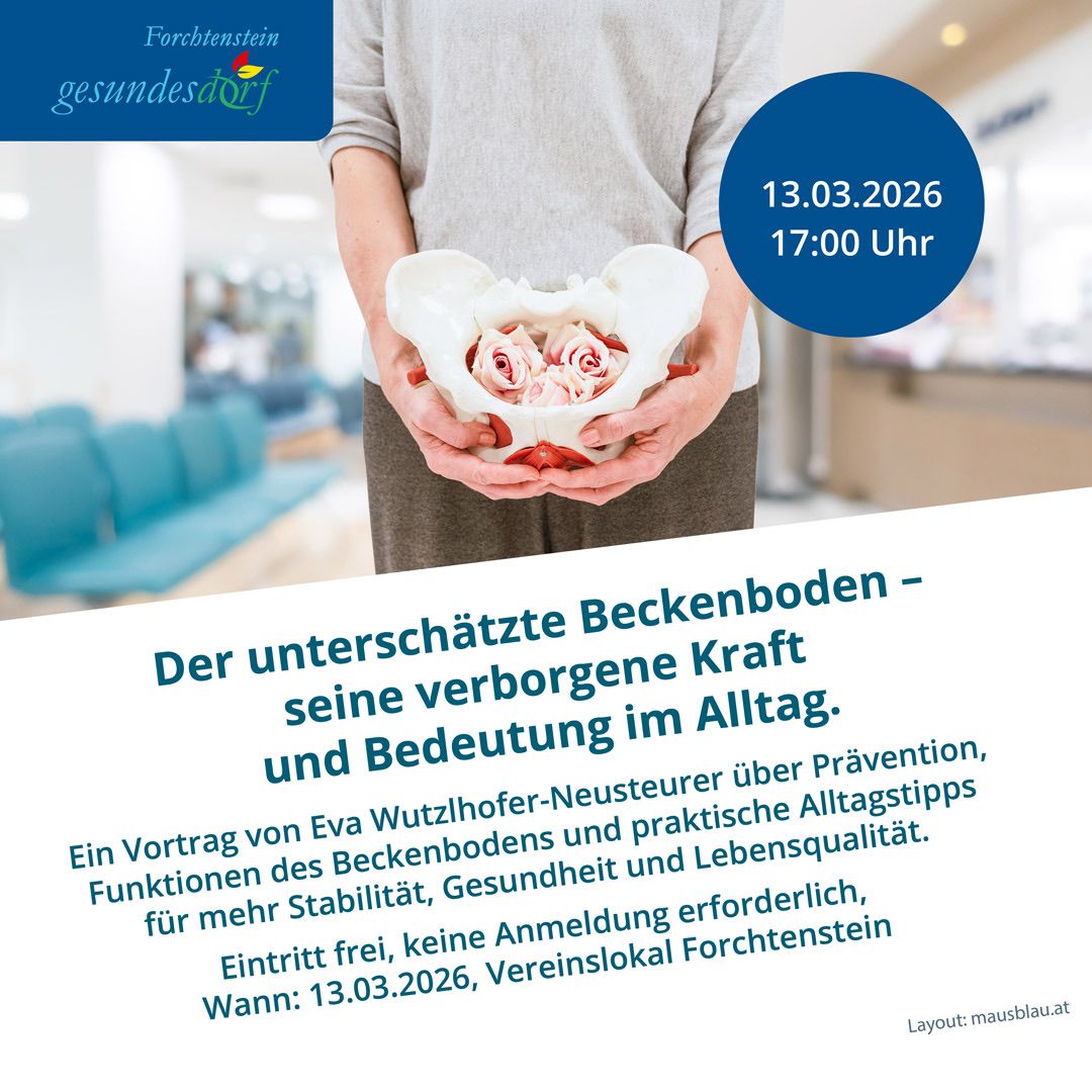 Eine Person hält ein Modell des Beckenbodens und Text über dessen Bedeutung. Vortrag am 13.03.2026.