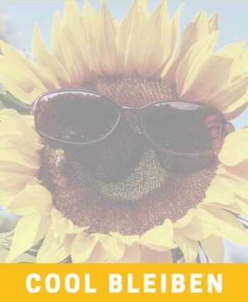 Eine Sonnenblume mit Sonnenbrille darauf, lächelnd, mit dem Text 'COOL BLEIBEN' unten in fetten weißen Buchstaben auf gelbem Hintergrund.