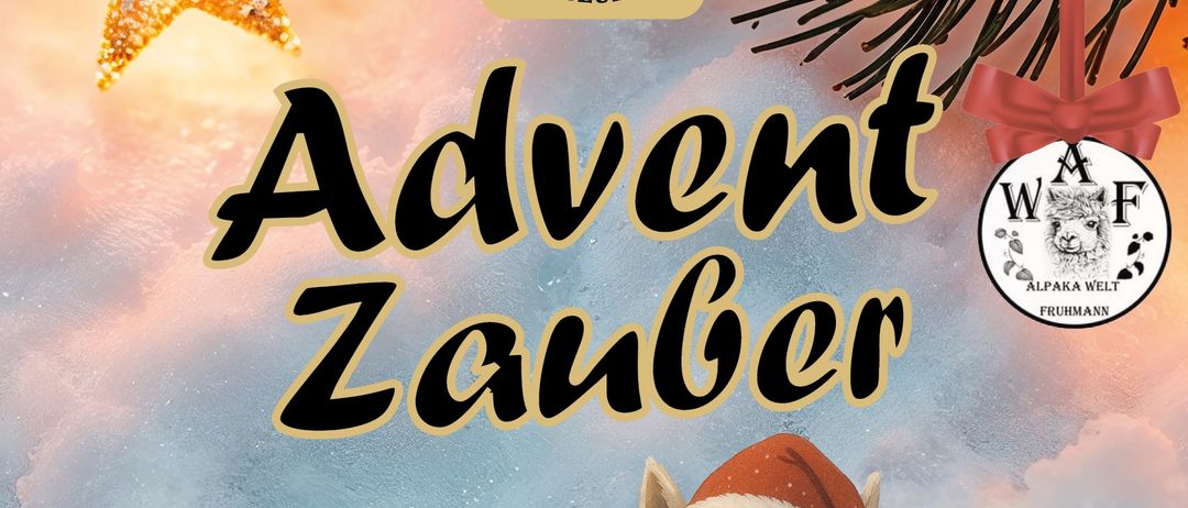 Werbeplakat für Adventzauber mit einem Alpaka in einem Weihnachtshut und Kindern, geplant für Samstag, 20. Dezember 2025, Beginn um 14:00 Uhr. Kostenloser Pavillon, Waffeln und lange Wanderungen mit Alpakas.