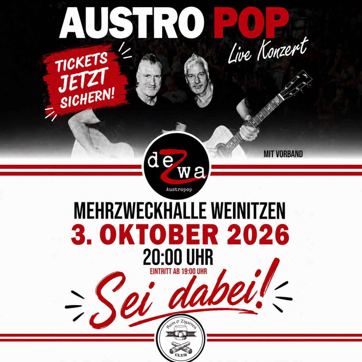 Plakat für ein Austro Pop Live-Konzert in der Mehrzweckhalle Weinitzen am 3. Oktober 2026 mit zwei Männern, die Gitarre spielen. Der Text 'Tickets Jetzt Sichern!' und 'Live Konzert' ist prominent angezeigt.