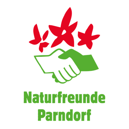 Ein schwarzer Hintergrund mit drei roten Sternen und zwei roten Schmetterlingen über einem grünen Händedruck-Logo. Unter dem Händedruck stehen die Worte 'Naturfreunde Parndorf' in Grün geschrieben.