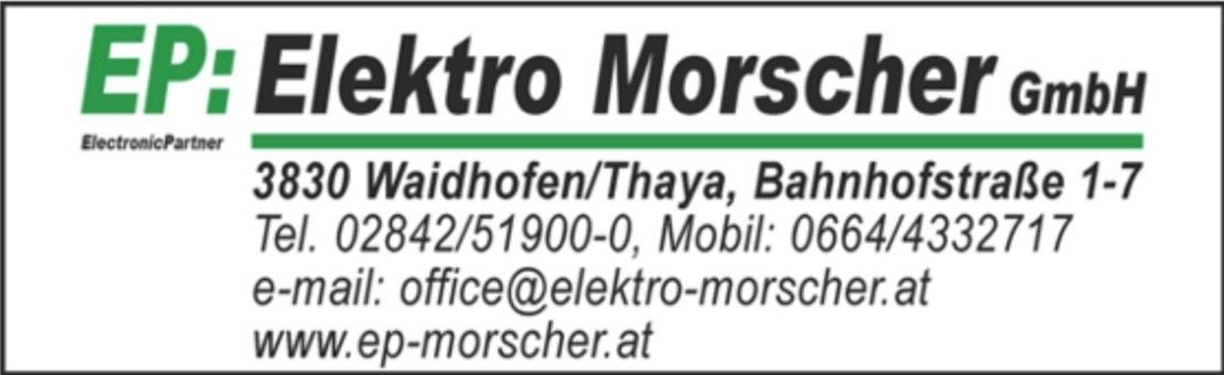 Visitenkarte für Elektro Morscher mit Sitz in Waidhofen/Thaya, Bahnhofstraße 3830. Kontaktdaten umfassen Telefonnummer 02842/51900-0, Mobilnummer 0664/43327, E-Mail office@elektro-morscher.at und Webseite www.ep-morscher.at.
