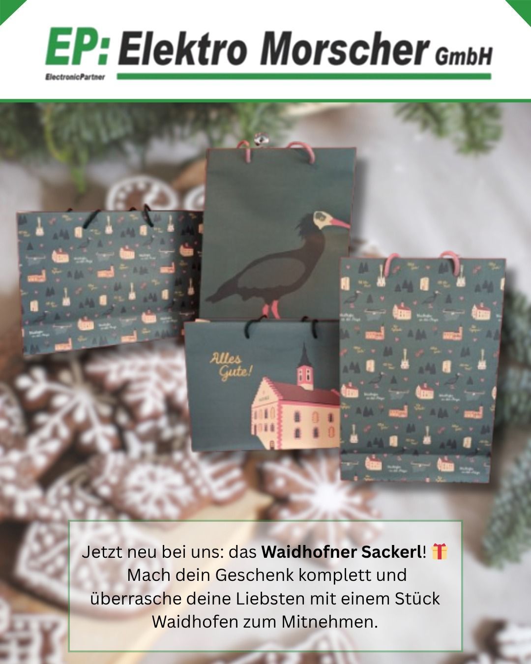 Eine Sammlung von Geschenktüten mit Winterthemen. Ein Vogel auf einer Tüte sagt 'Alles Gute!' und der Text lautet 'Jetzt neu bei uns: das Waidhofner Sackerl!' Machen Sie Ihr Geschenk komplett und überraschen Sie Ihre Lieben.
