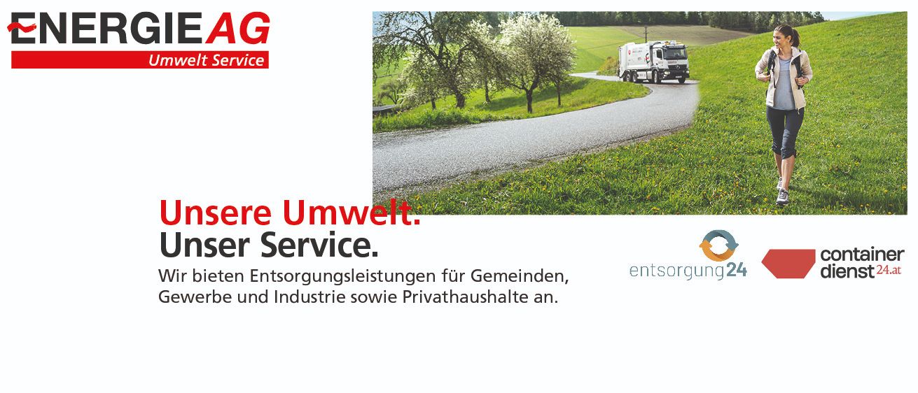 Ein Bild eines Lastwagens auf einer Straße, umgeben von grünem Gras, Bäumen und einem klaren Himmel. Der Lastwagen hat ein Logo an der Seite. Der Text lautet 'Unsere Umwelt. Unser Service.' Bietet Entsorgungsdienstleistungen für Gemeinden, Unternehmen und Privathaushalte an.