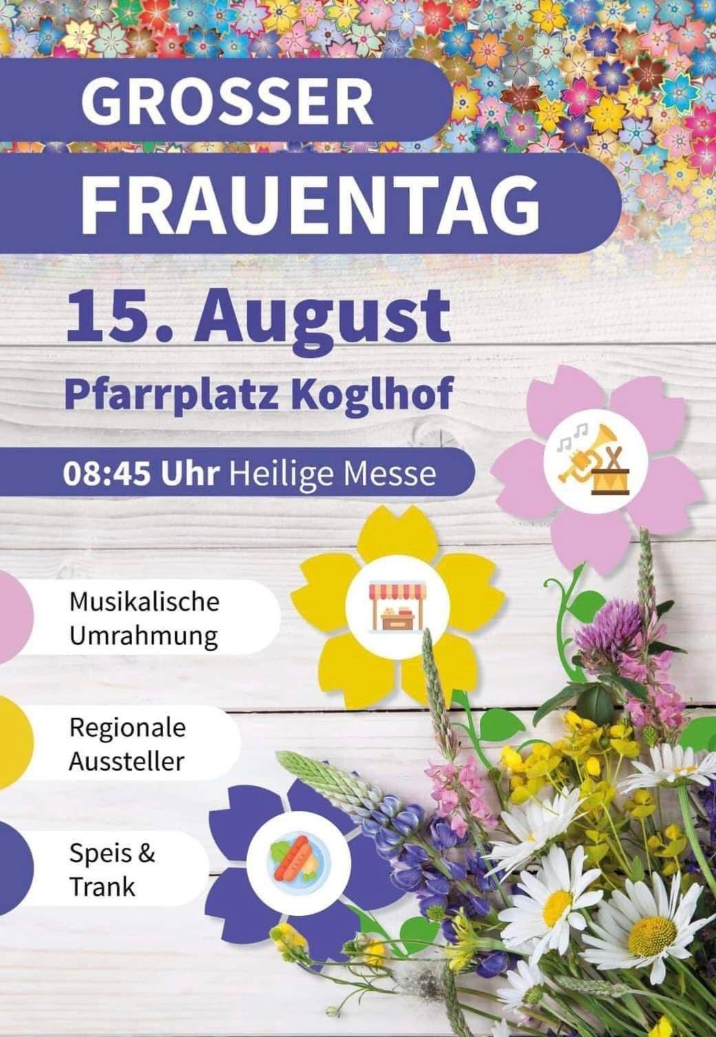 Plakat für Frauentag am 15. August mit einer Kirchenplatz, einer heiligen Messe um 08:45 Uhr, musikalischer Umgebung, regionalen Ausstellern und Essen.