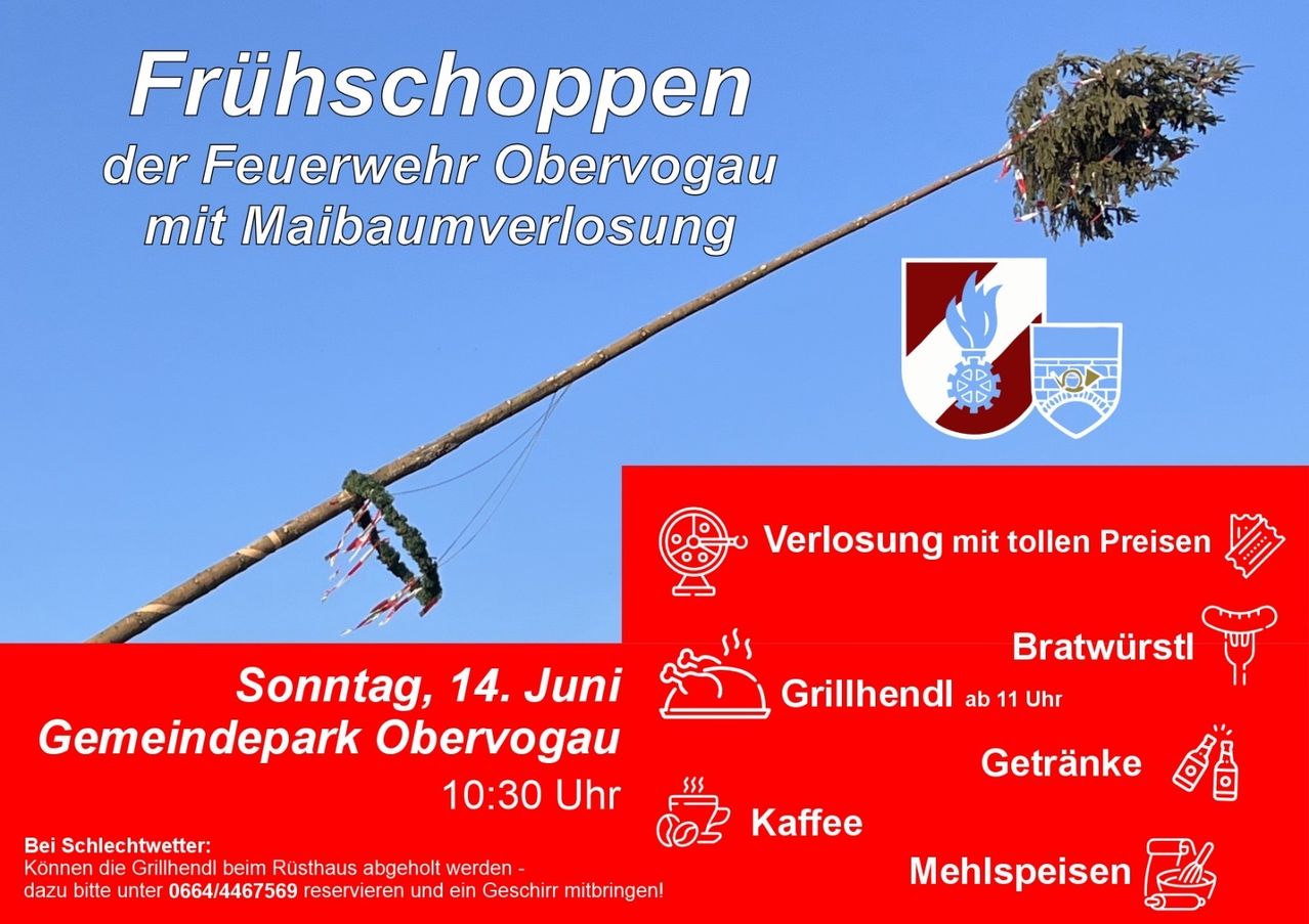 Poster for a community event. It features a fireman's pole with a pine tree on top. The event is about the loss of a maypole. It includes details like the date, time, location, and available food and drinks.