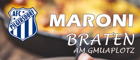 Ein Plakat für geröstete Kastanien auf dem Gmuaplatz. Termine: Samstag ab 16:00 Uhr, Sonntag ab 08:30 Uhr. Kastanien in einer Schüssel mit einem Löffel.