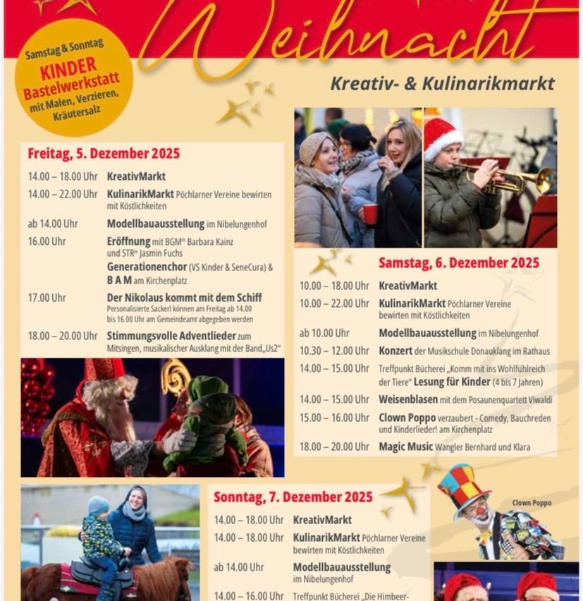 Ein Plakat für den Neujahrsabend-Kinderworkshop. Es zeigt ein farbenfrohes Design mit verschiedenen Aktivitäten wie Kreativmarkt, Kulinarikmarkt und Modellbauausstellung. Die Termine sind der 5., 6. und 7. Dezember 2025.