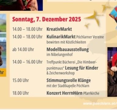 Plakat für eine Veranstaltung am 7. Dezember 2025. Aktivitäten umfassen KreativMarkt, KulinarrikMarkt, Modellbau, Lesung für Kinder, Stimmungsvolle Klänge und ein Konzert von HerrnHorn um 18:00 Uhr.