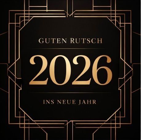 Ein goldgerahmtes schwarzes Poster mit geometrischem Muster. Es steht 'Guten Rutsch 2026' mit 'Ins Neue Jahr' darunter. Der Stil ist elegant und vintage.