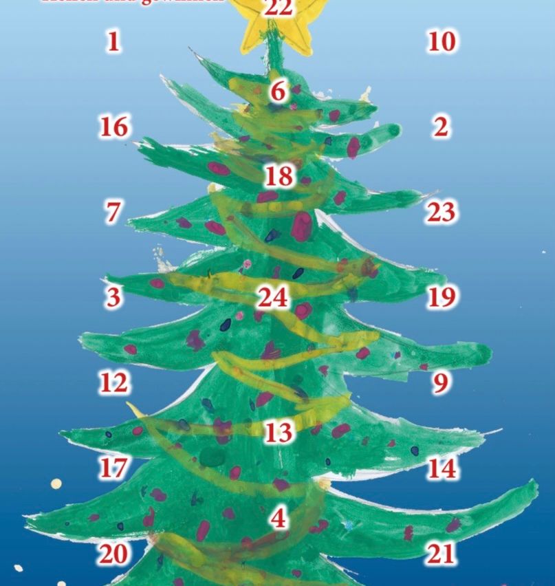 An illustration of a Christmas tree with numbers 1 through 24 around it on a blue background. The tree is green and has a yellow star on top.