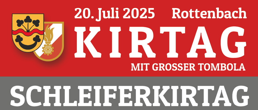 Roter Banner mit weißem Text, der 'Rotten KIRTA' am 20. Juli 2025 ankündigt, mit einem Logo, das eine Flamme und ein Zahnrad zeigt. Darunter steht 'HLEIFERKIRTA' und Details über die Veranstaltung am 19. Juli 2025 bei der Feuerwehr mit Bier von Fass, Bratwurst und Bosna.