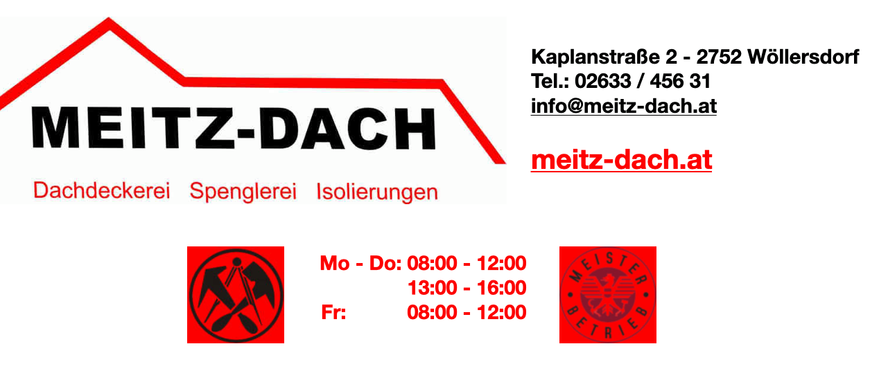 Ein Bild mit Kontaktdaten für Meitz-Dach. Es enthält die Adresse Kaplanstraße, Telefonnummer 02633/4, E-Mail info@meitz-dach und Website meitz-dach.de. Es listet auch Öffnungszeiten: Mo-Do 08:00-12:00, 13:00-16:00; Fr 08:00-12:00. Es enthält Logos für Spenglerei und Isolierungen.