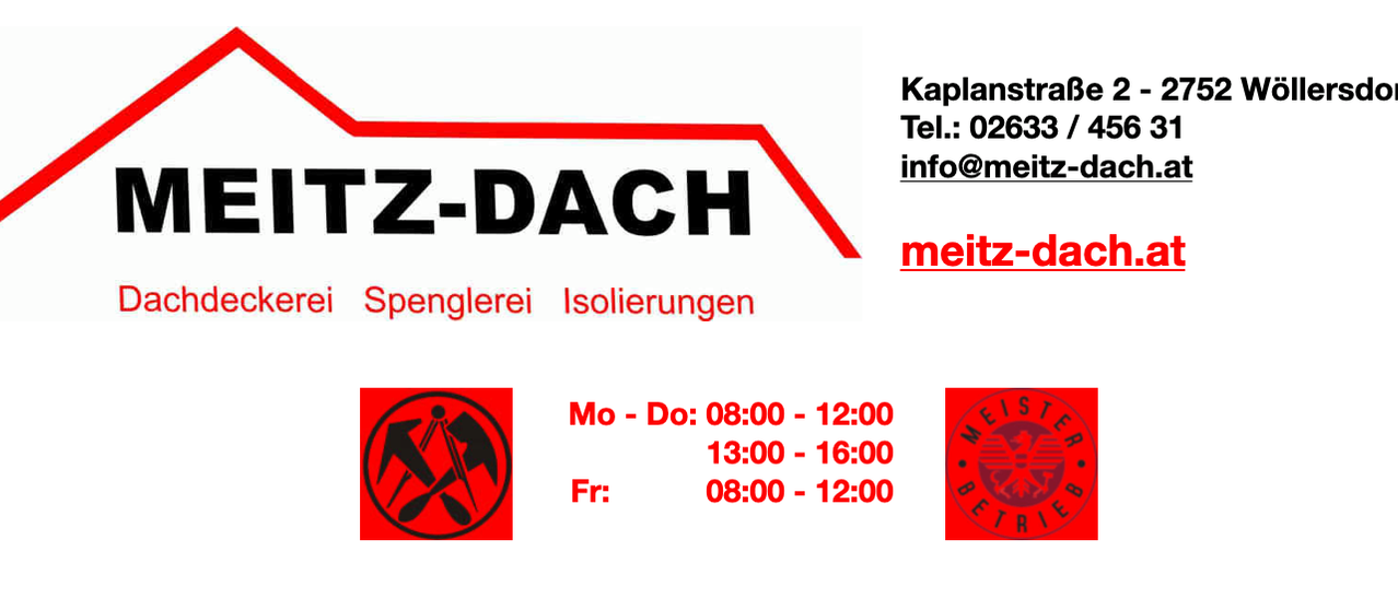 Ein Unternehmen namens 'Meitz-Dach' mit Kaplanstrasse als Adresse. Kontaktnummer ist 02633/4. Geöffnet Mo-Do 8:00-12:00, 13:00-16:00, Fr 8:00-12:00.