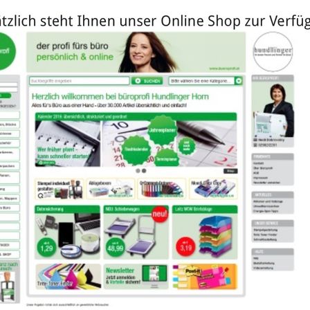 Die Seite zeigt eine Auswahl an Büroartikeln. Auf der linken Seite ist eine Frau abgebildet, der Firmenname Hundlinger und eine Produktliste mit Preisen und Mengen. Auf der rechten Seite befindet sich ein Bild einer weiteren Frau.