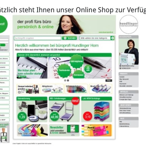 Die Seite zeigt eine Auswahl an Büroartikeln. Auf der linken Seite ist eine Frau abgebildet, der Firmenname Hundlinger und eine Produktliste mit Preisen und Mengen. Auf der rechten Seite befindet sich ein Bild einer weiteren Frau.