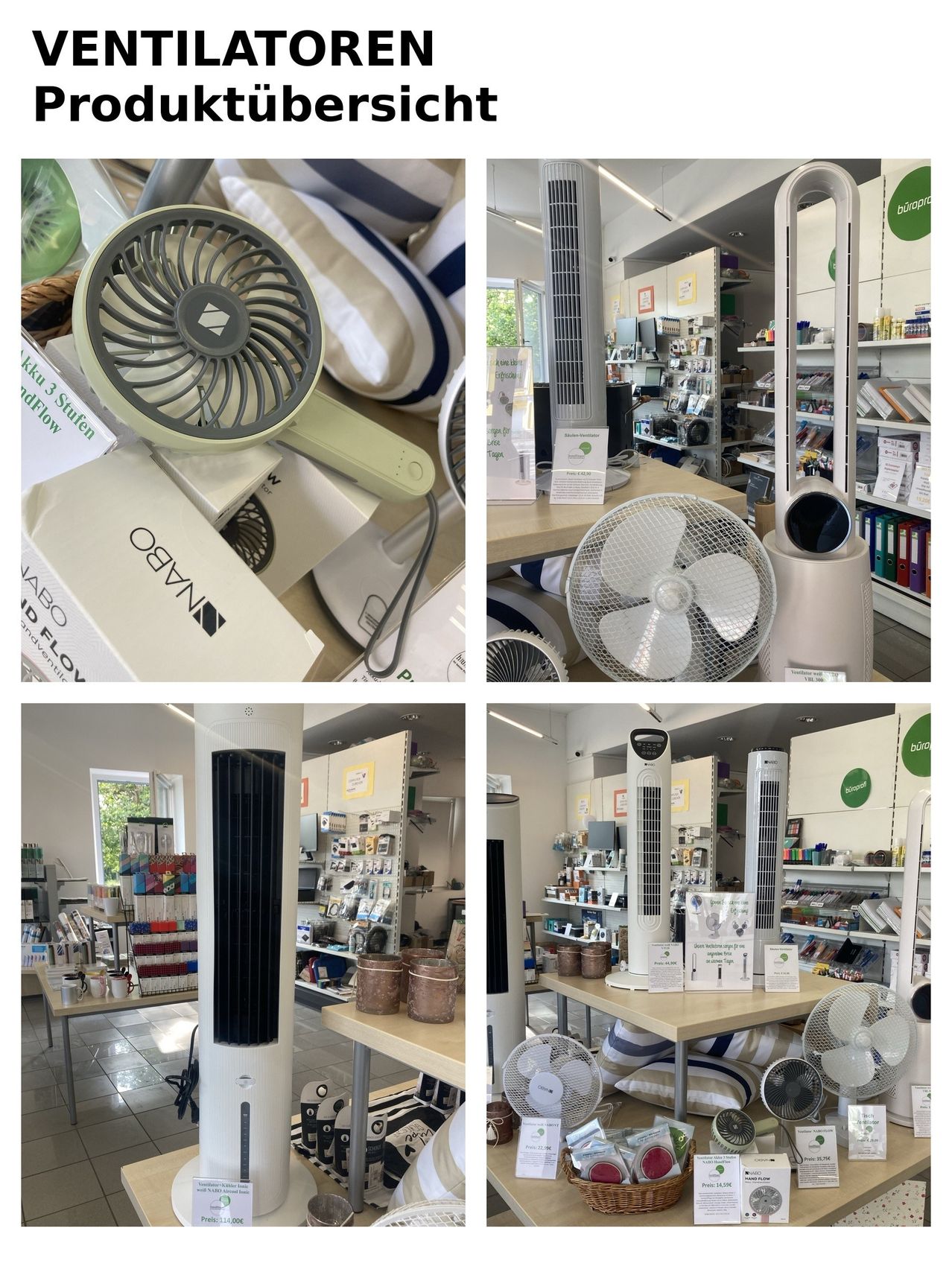 Vier Bilder von Ventilatoren und Kisten. Das erste zeigt einen Ventilator auf einer Kiste. Das zweite zeigt einen Ventilator auf einem Tisch mit anderen Gegenständen. Das dritte zeigt einen Ventilator in einem Geschäft. Das vierte zeigt einen Ventilator in einem Geschäft mit anderen Gegenständen.