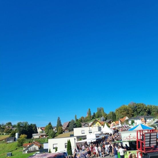 Ein sonniger Markttag in einem ländlichen Dorf mit Menschen, die einkaufen und an Imbissständen essen. Der Markt ist von Häusern und Bäumen umgeben. Der Himmel ist strahlend blau.