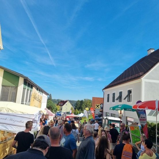 Eine geschäftige Marktstraße unter einem blauen Himmel, gesäumt von bunten Ständen, vorbeigehenden Menschen und einem rot-weißen Regenschirm. Gebäude mit Bannern und Schildern befinden sich auf beiden Seiten.