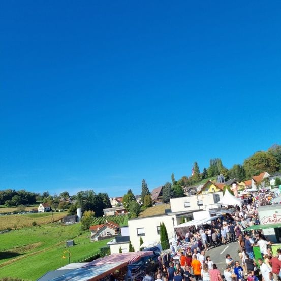 Eine Menschenmenge versammelt sich auf einem Freiluftmarkt mit Ständen und Zelten, umgeben von grünen Feldern und Häusern unter einem klaren blauen Himmel.