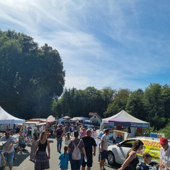 Freiluftmarkt mit mehreren Ständen unter Zelten, Menschen gehen herum, einige tragen Sonnenbrillen, Bäume umgeben das Gebiet, ein weißer Wagen geparkt in der Nähe.