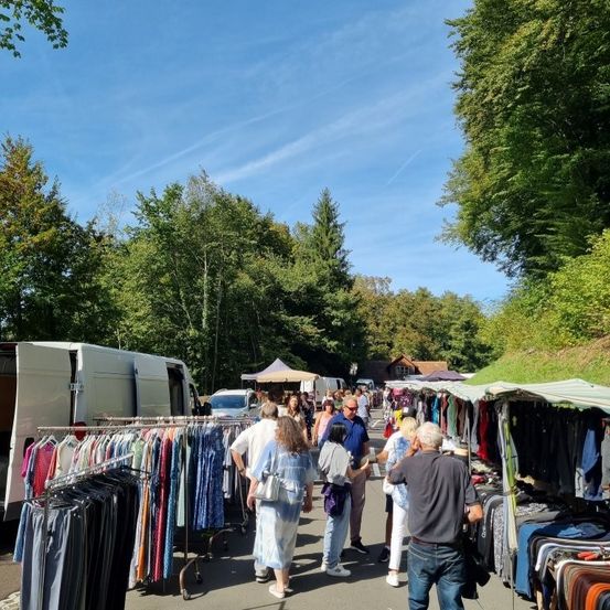 Ein geschäftiger Outdoor-Markt mit Händlern und Käufern unter Zelten, umgeben von Bäumen und geparkten Autos. Kleidung ist auf Kleiderständern ausgestellt.