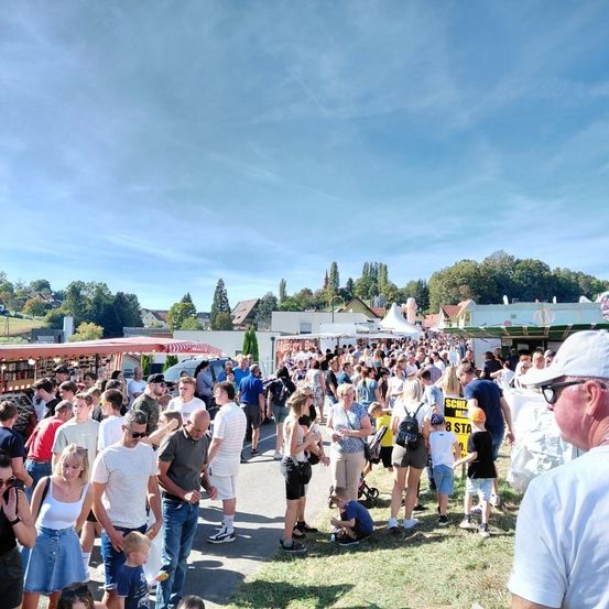 Eine große Menschenmenge versammelt sich bei einer Veranstaltung im Freien, mit Imbissständen, Zelten und Gebäuden im Hintergrund. Viele Menschen tragen Freizeitkleidung und einige haben Taschen dabei. Der Himmel ist klar und blau.
